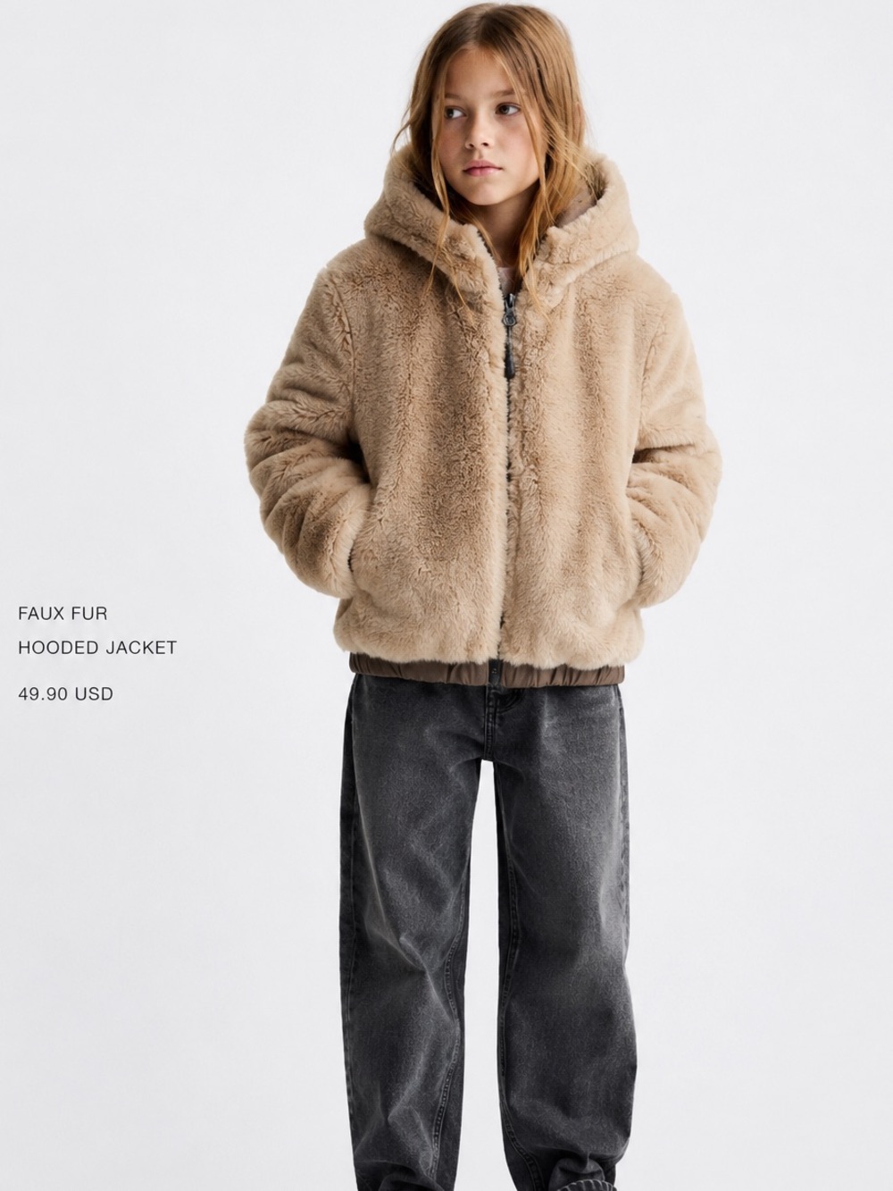 Zara girls hooded faux fur bomber jacket beige brown size 9 zipper sherpa teddy - Picture 1 of 9